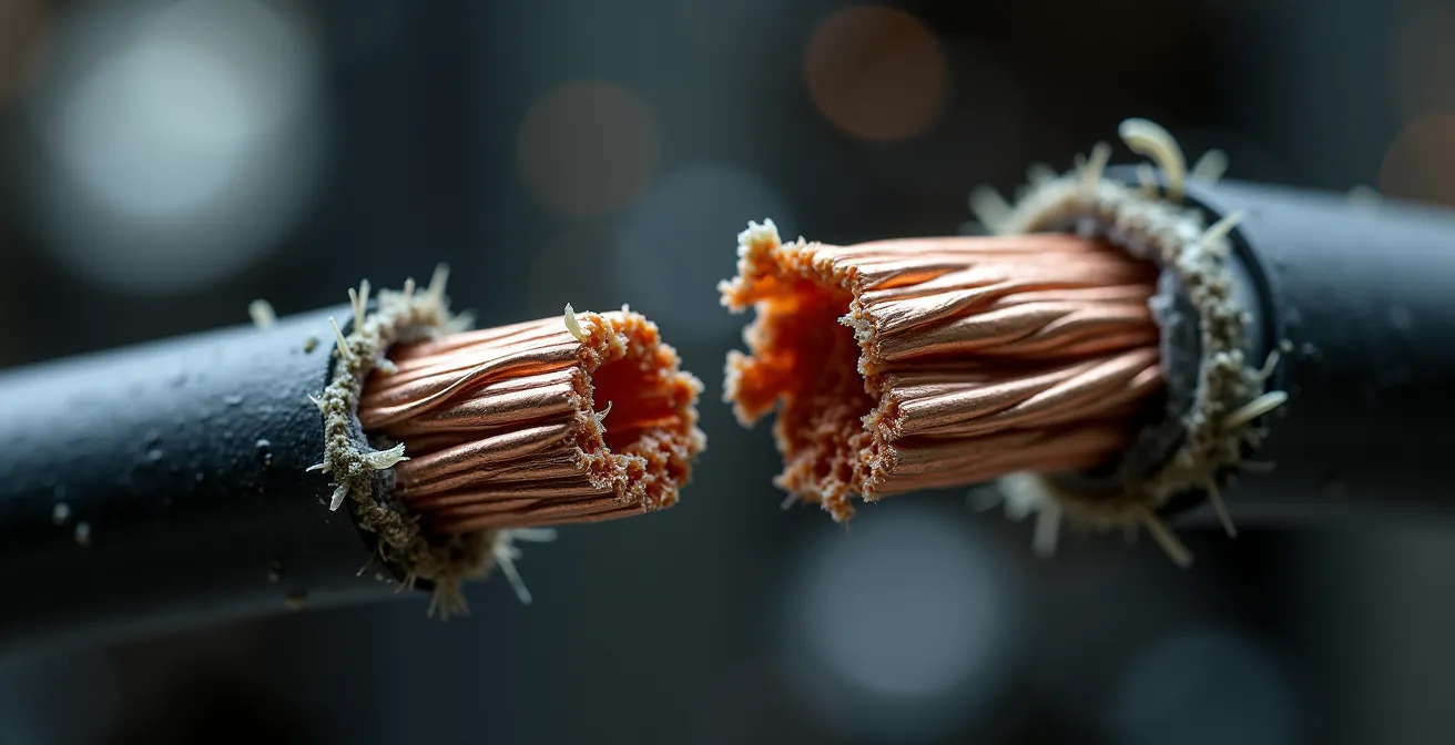 Gros plan sur des câbles électriques rongés et détériorés dans une installation technique