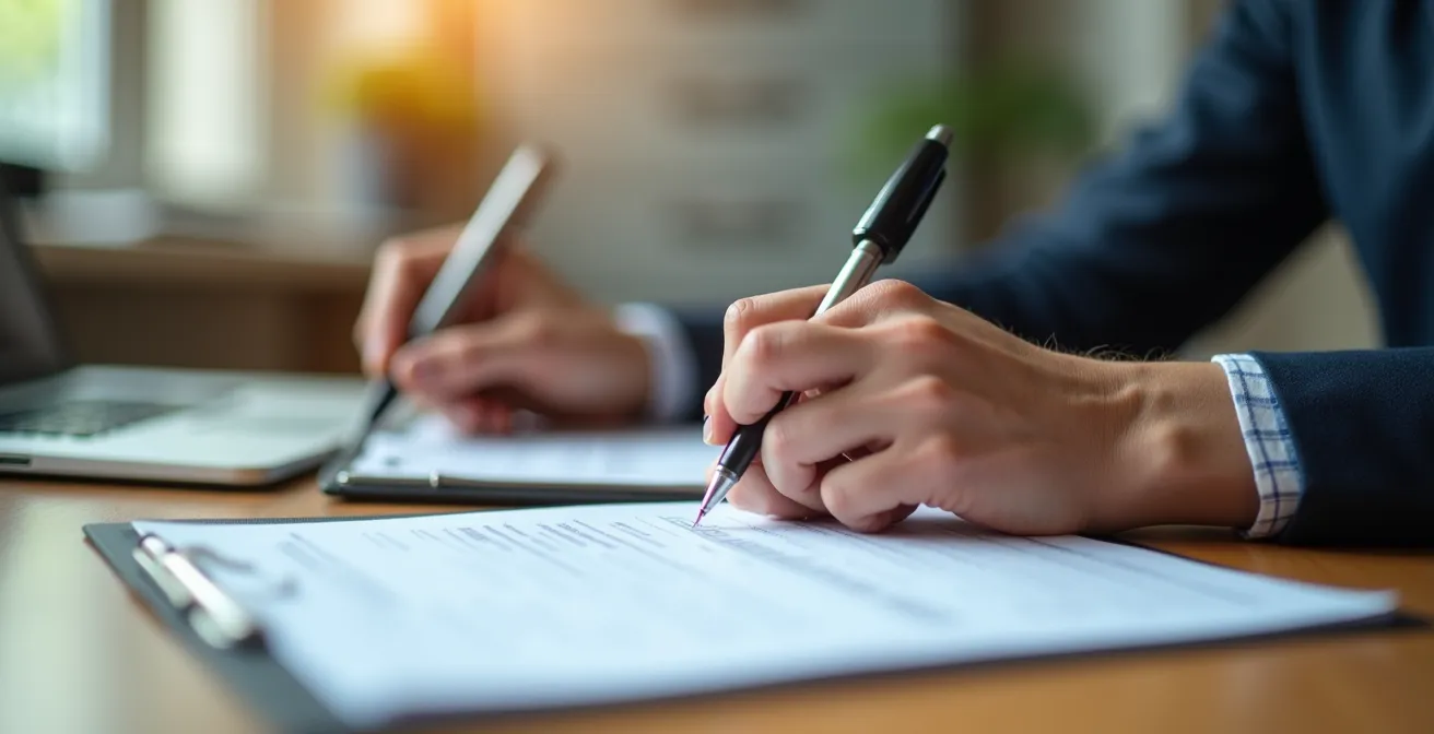 Main de professionnel complétant méticuleusement un registre d'intervention sur une table de bureau
