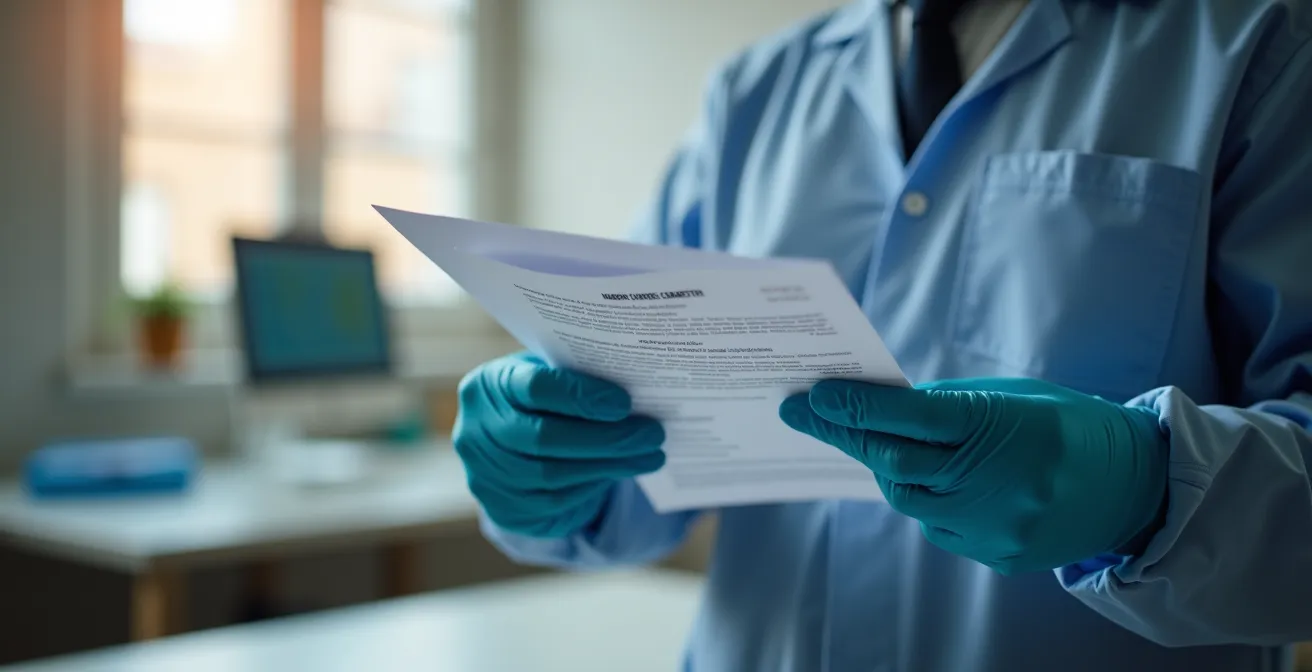 Professionnel en combinaison de protection examinant des documents officiels